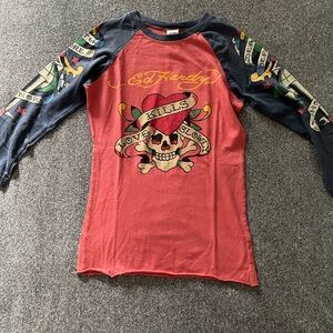 Vintage Ed Hardy Red and Blue 3/4 Sleeves Skull Tee - S
